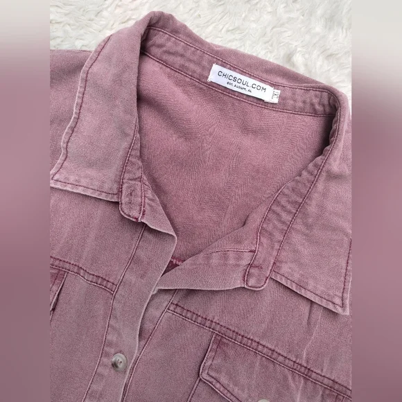 Chic Soul Ruffled Tiered Button Up Dress Plus 1X Mauve Pink Denim Jean Casual - Picture 2 of 7